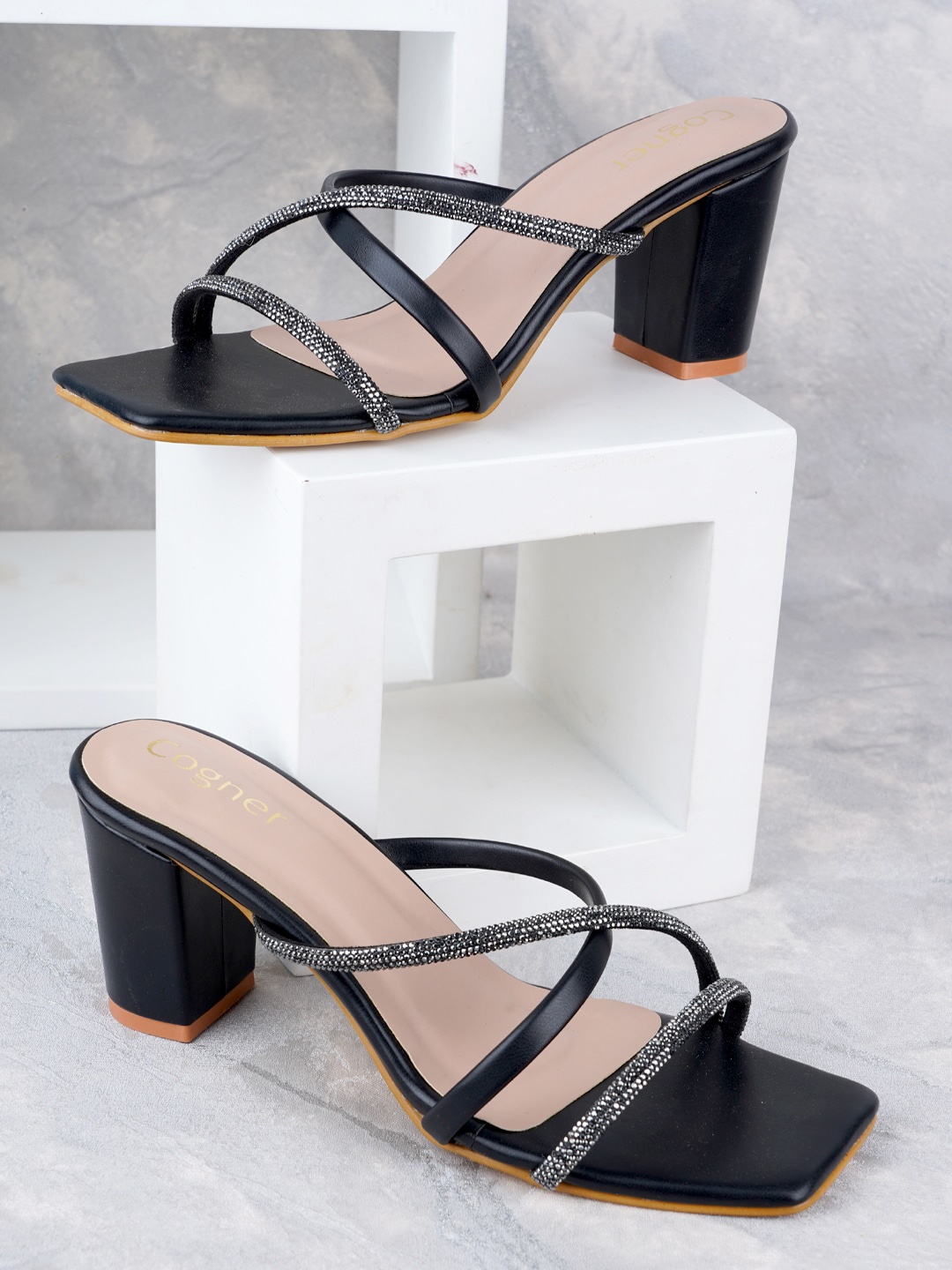 

Cogner Embellished Open Toe Block Heels, Black