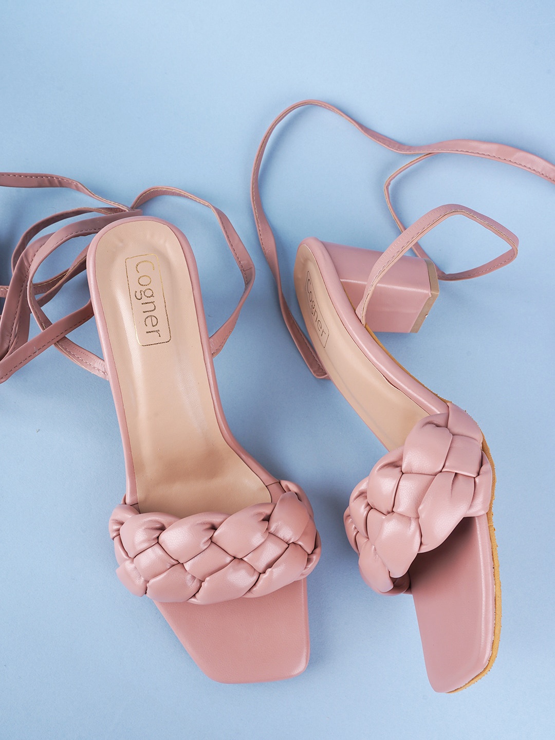 

Cogner Braided Lace-Ups Block Heels, Beige