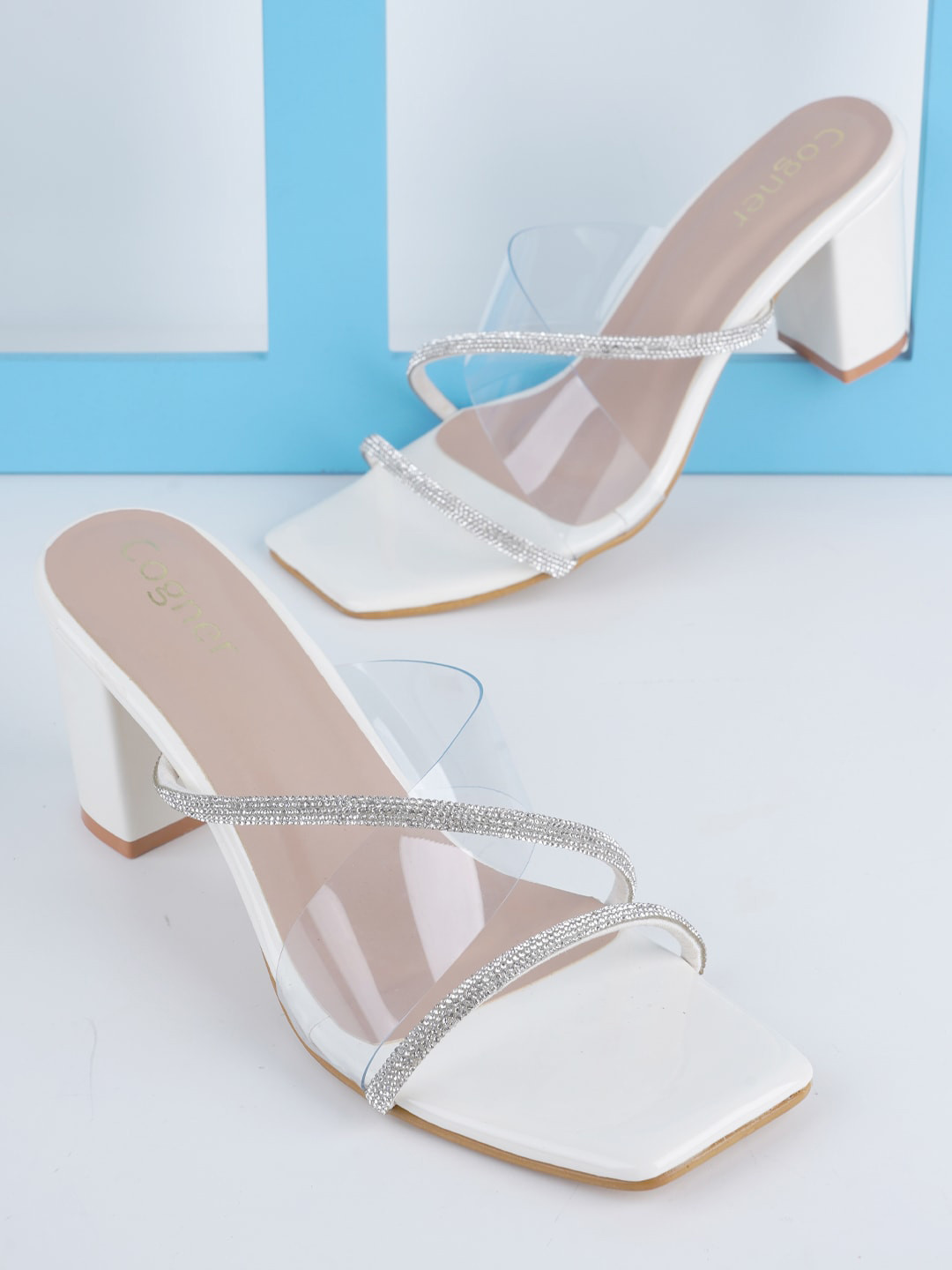 

Cogner Embellished Open Toe Block Heels, White