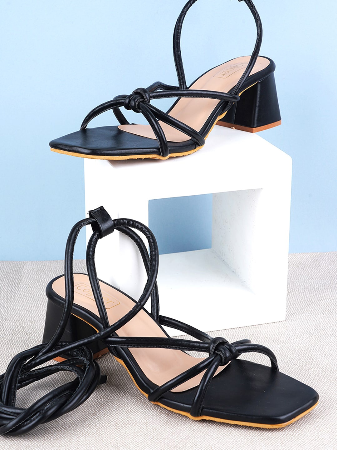 

Cogner Open Toe Block Gladiators With Lace Ups, Black
