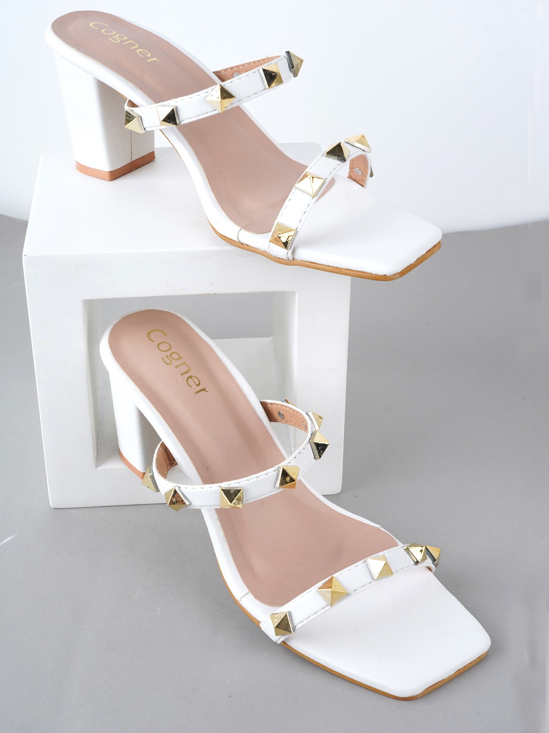 

Cogner Embellished Open Toe Block Heels, White