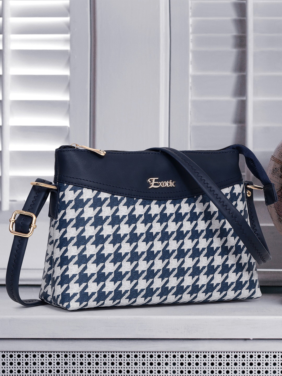 

Exotic Checked Printed Structured Shoulder Bag, Blue