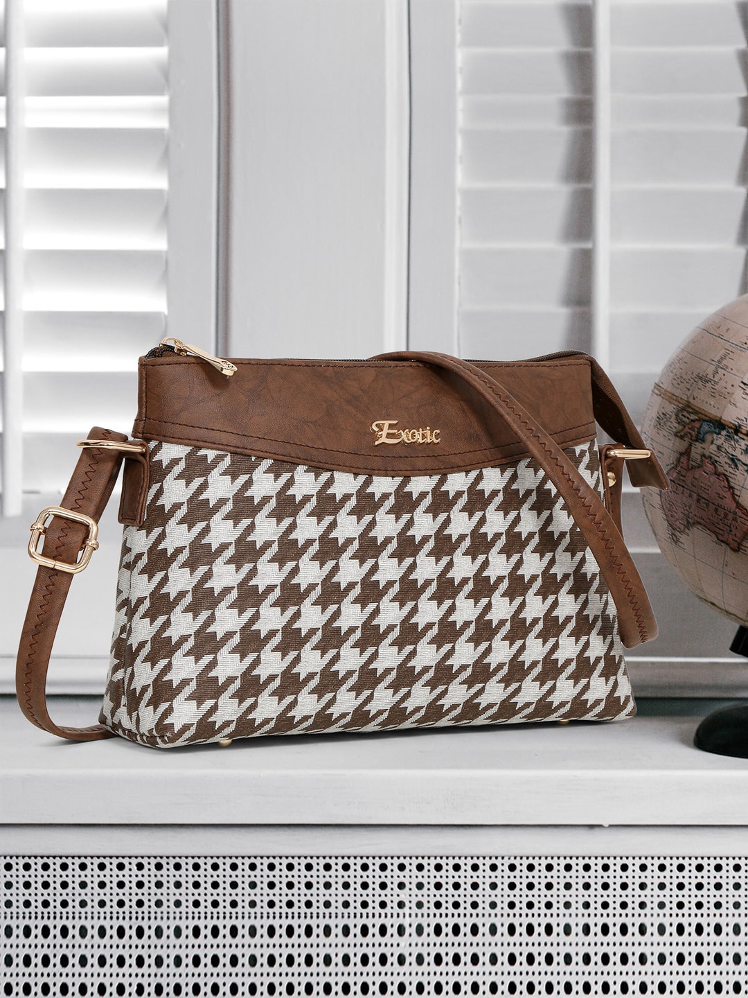 

Exotic Geometric Printed PU Water Resistant Structured Sling Bag, Brown