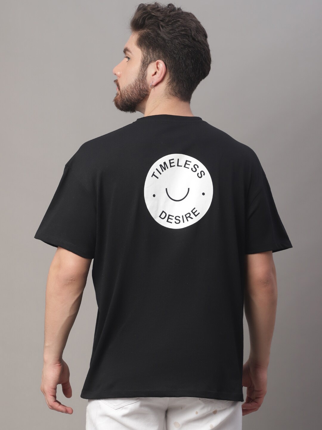 

DOOR74 Drop-Shoulder Sleeves Typography Printed Oversized Cotton T-shirt, Black