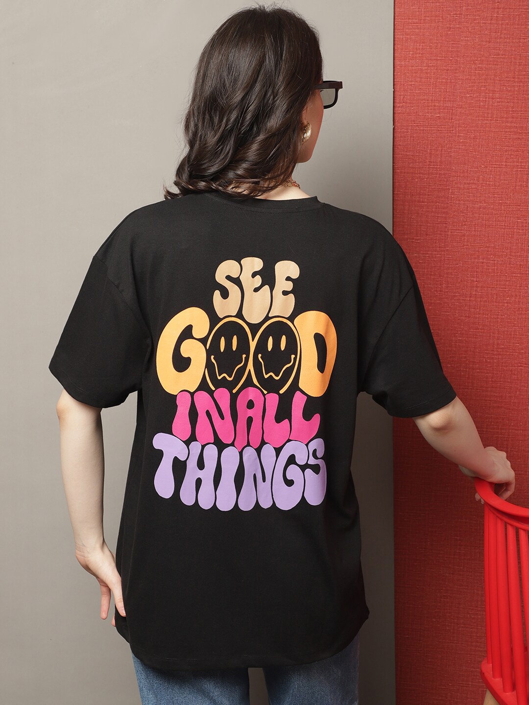 

DOOR74 Drop-Shoulder Sleeves Typography Printed Loose Cotton T-shirt, Black