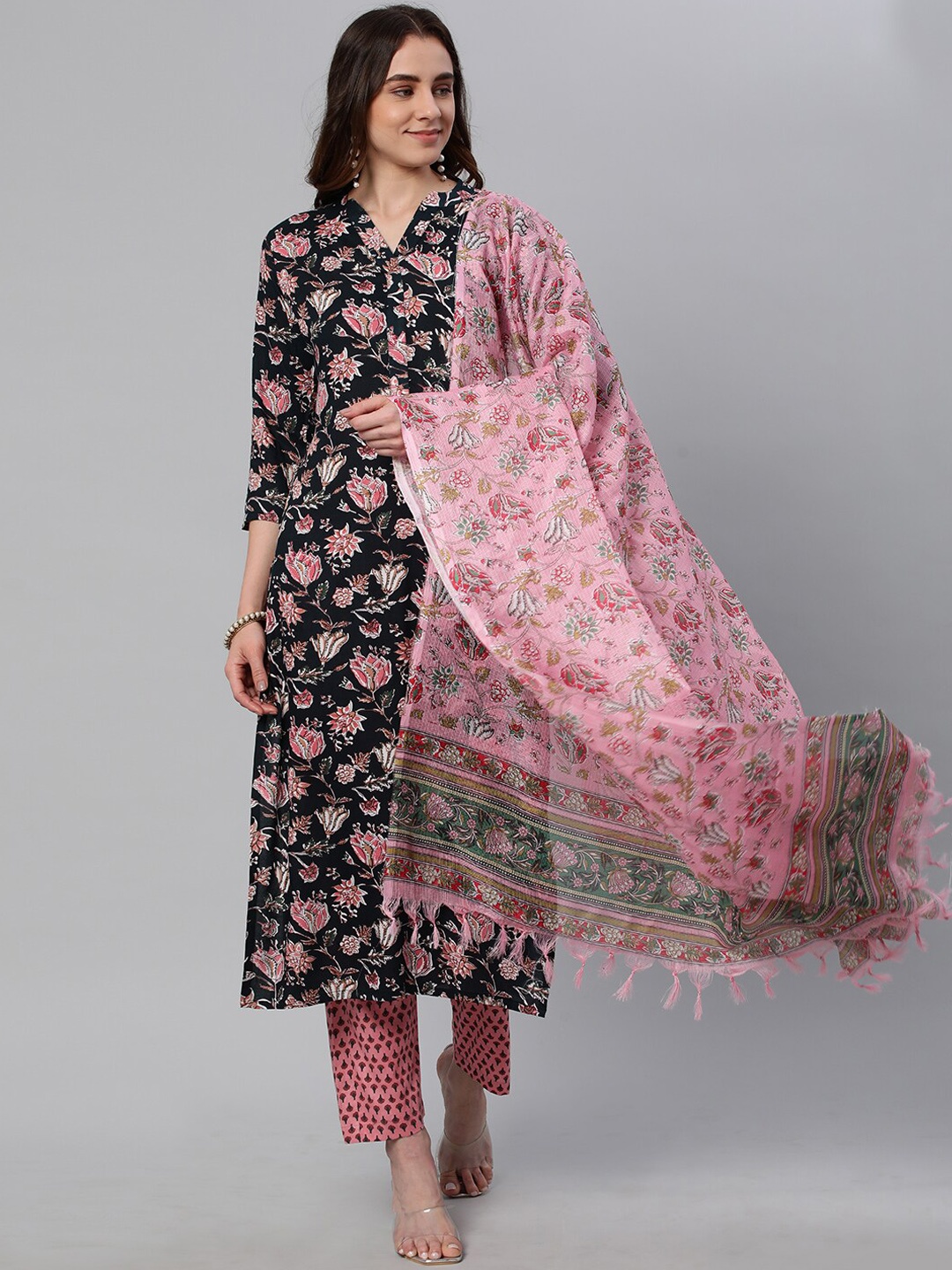 

KALINI Floral Printed Mandarin Collar Kurta With Trousers & Dupatta, Black