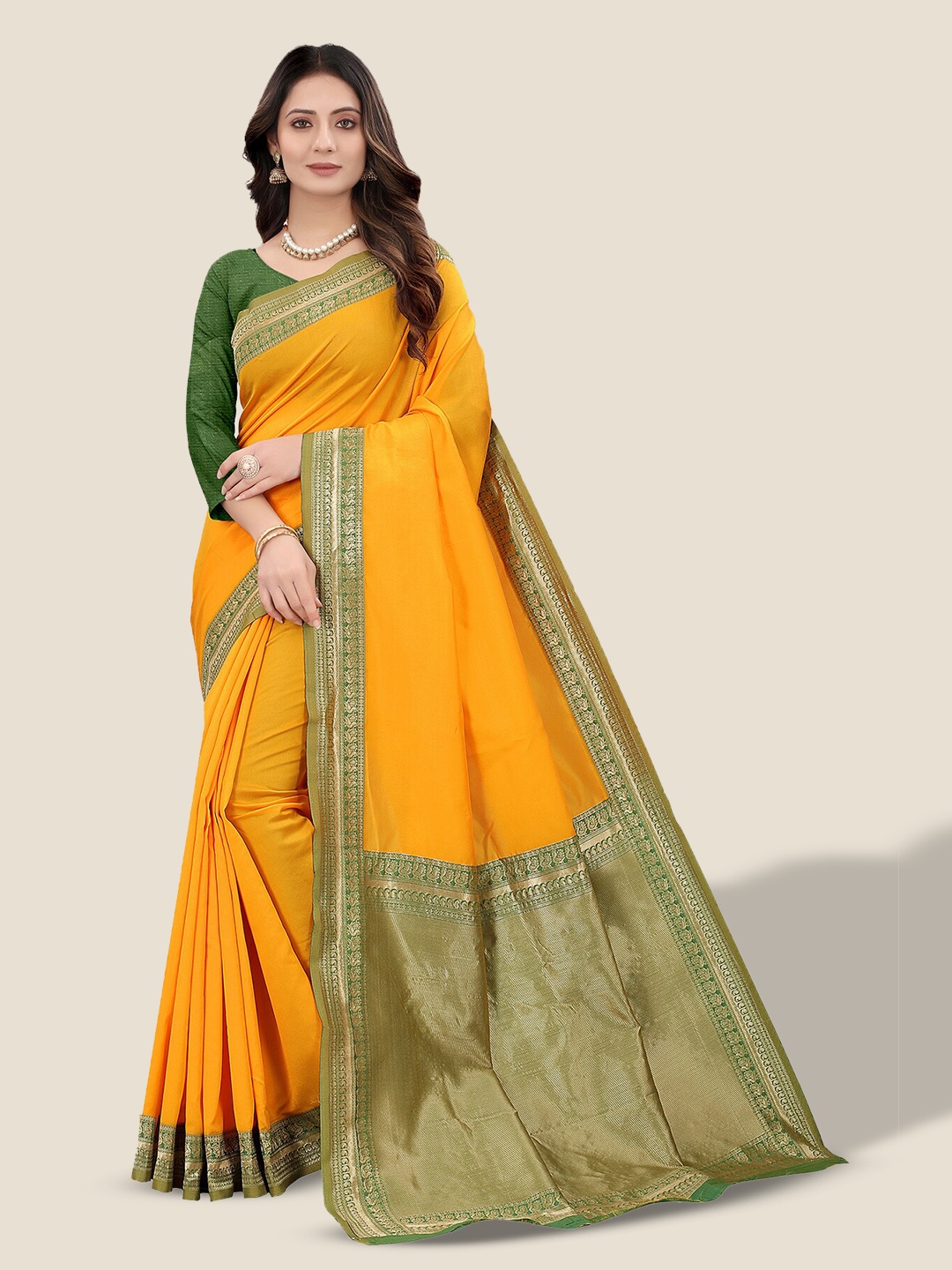 

Anjaneya Sarees Woven Design Border Zari Banarasi Saree, Yellow