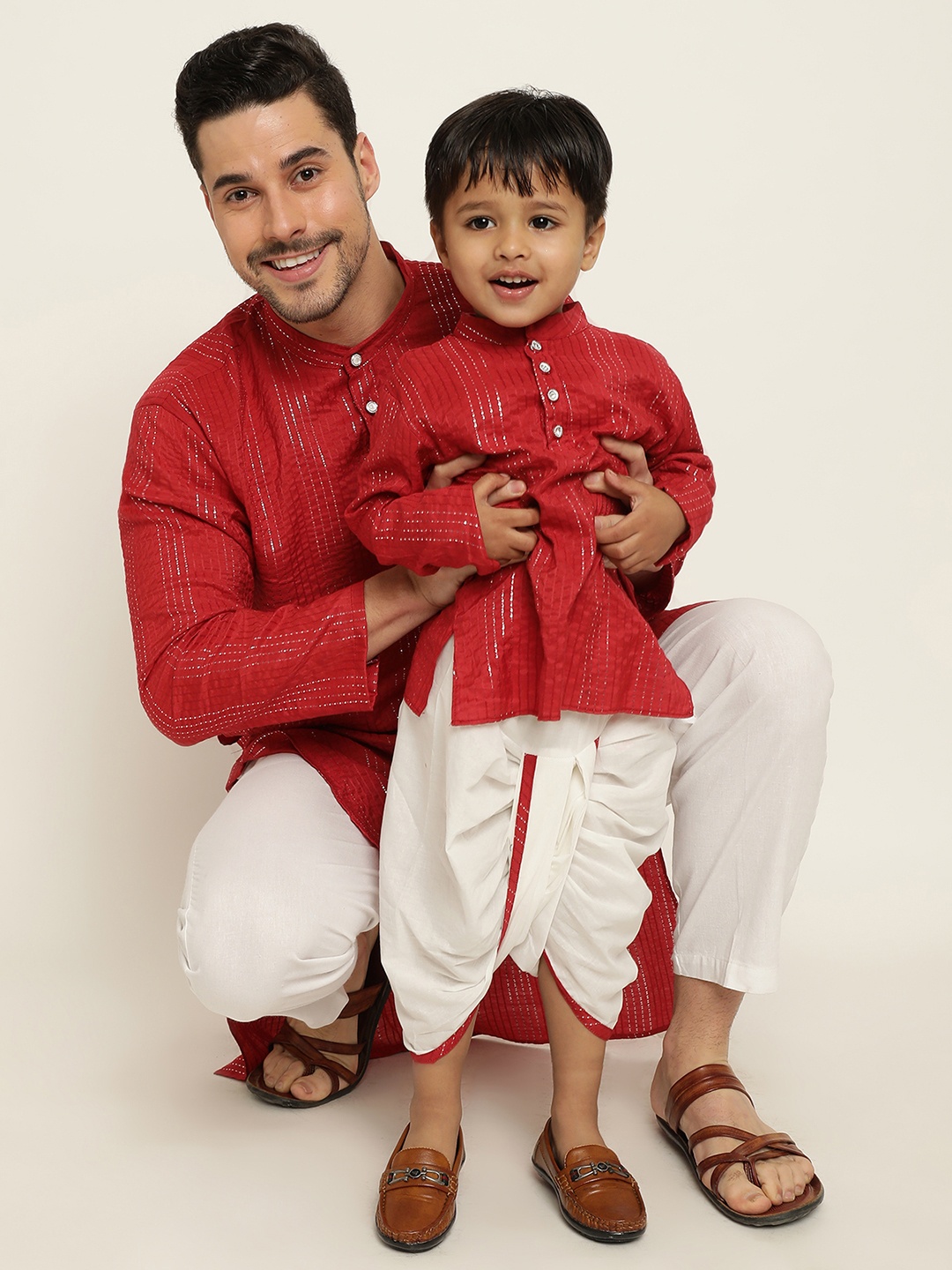 

Stuffie Land Boys Striped Mandarin Collar Straight Kurta with Dhoti Pants, Red