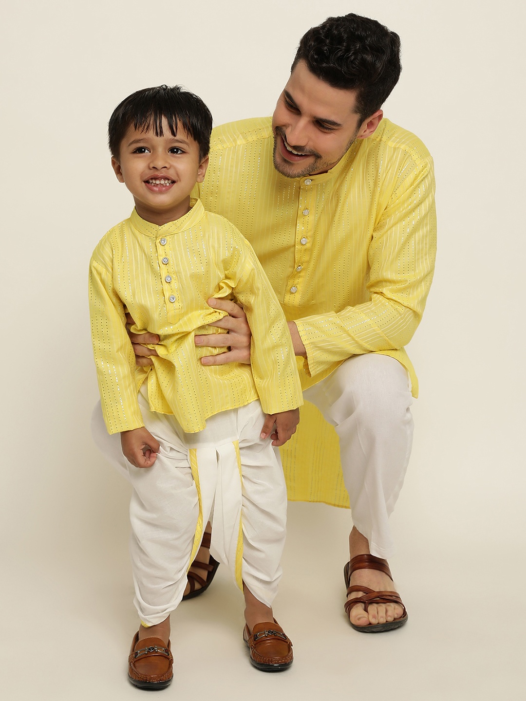 

Stuffie Land Boys Striped Mandarin Collar Straight Kurta with Dhoti Pants, Yellow