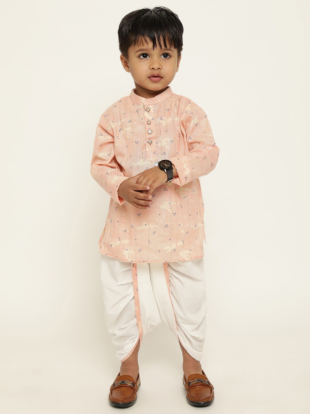 

Stuffie Land Boys Floral Printed Mandarin Collar Kurta With Dhoti Pants, Peach