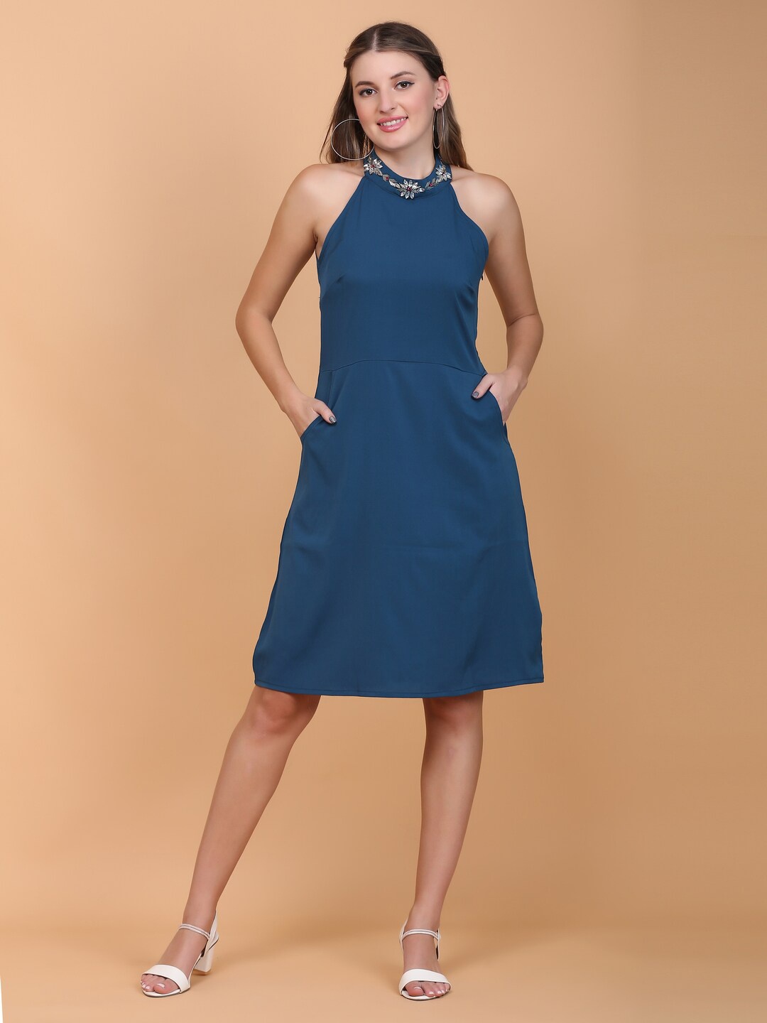 

DESI WOMANIYA Embellished Sleeveless A-Line Dress, Teal