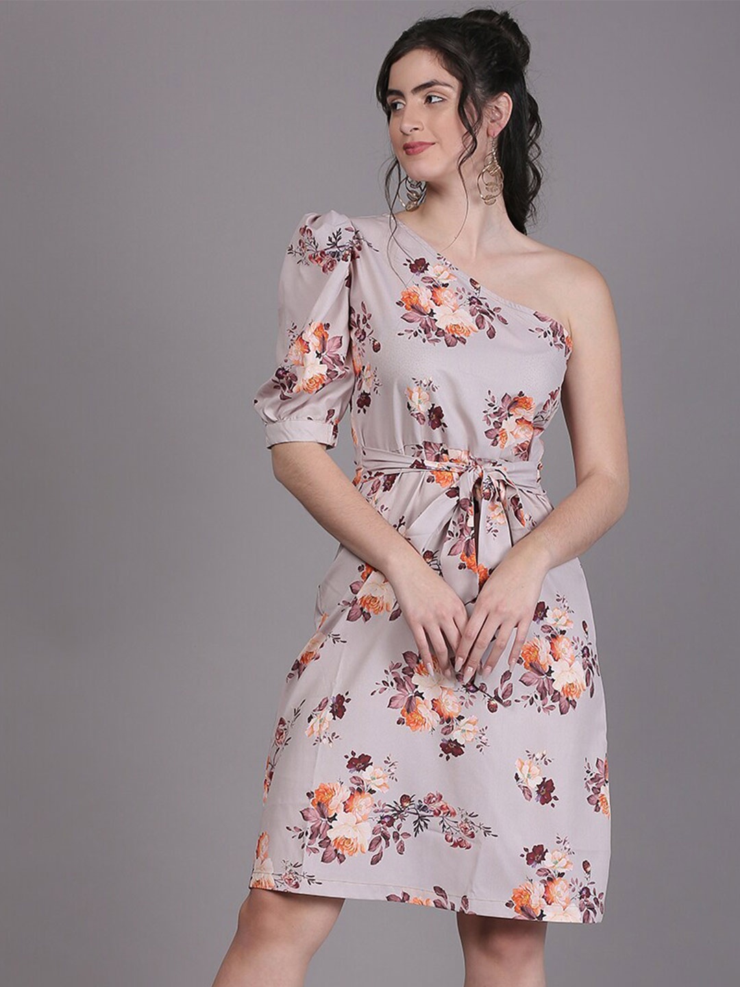 

DESI WOMANIYA Floral Print Puff Sleeve Crepe Sheath Dress, Beige