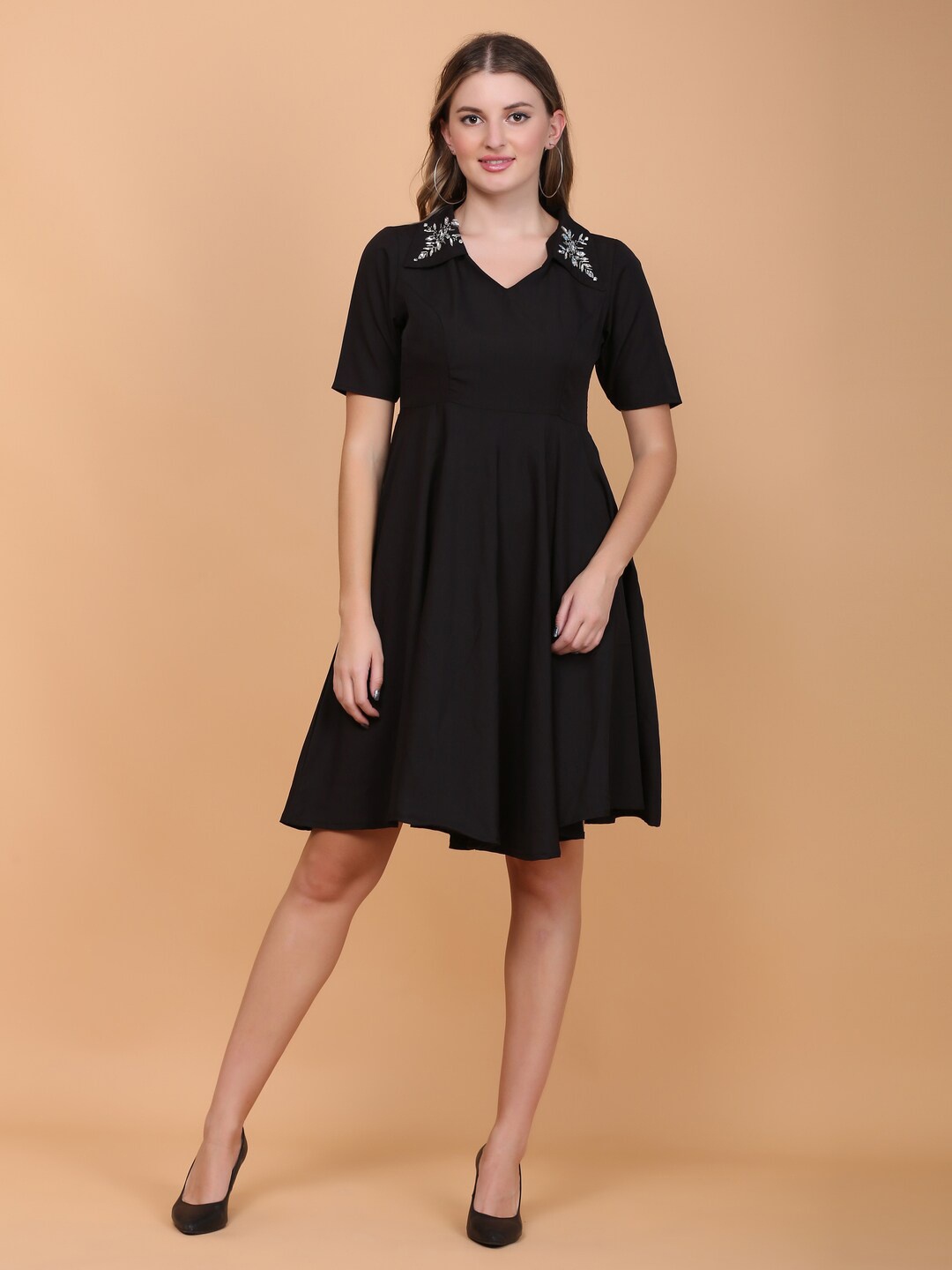 

DESI WOMANIYA Embellished Shirt Collar Fit & Flare Dress, Black