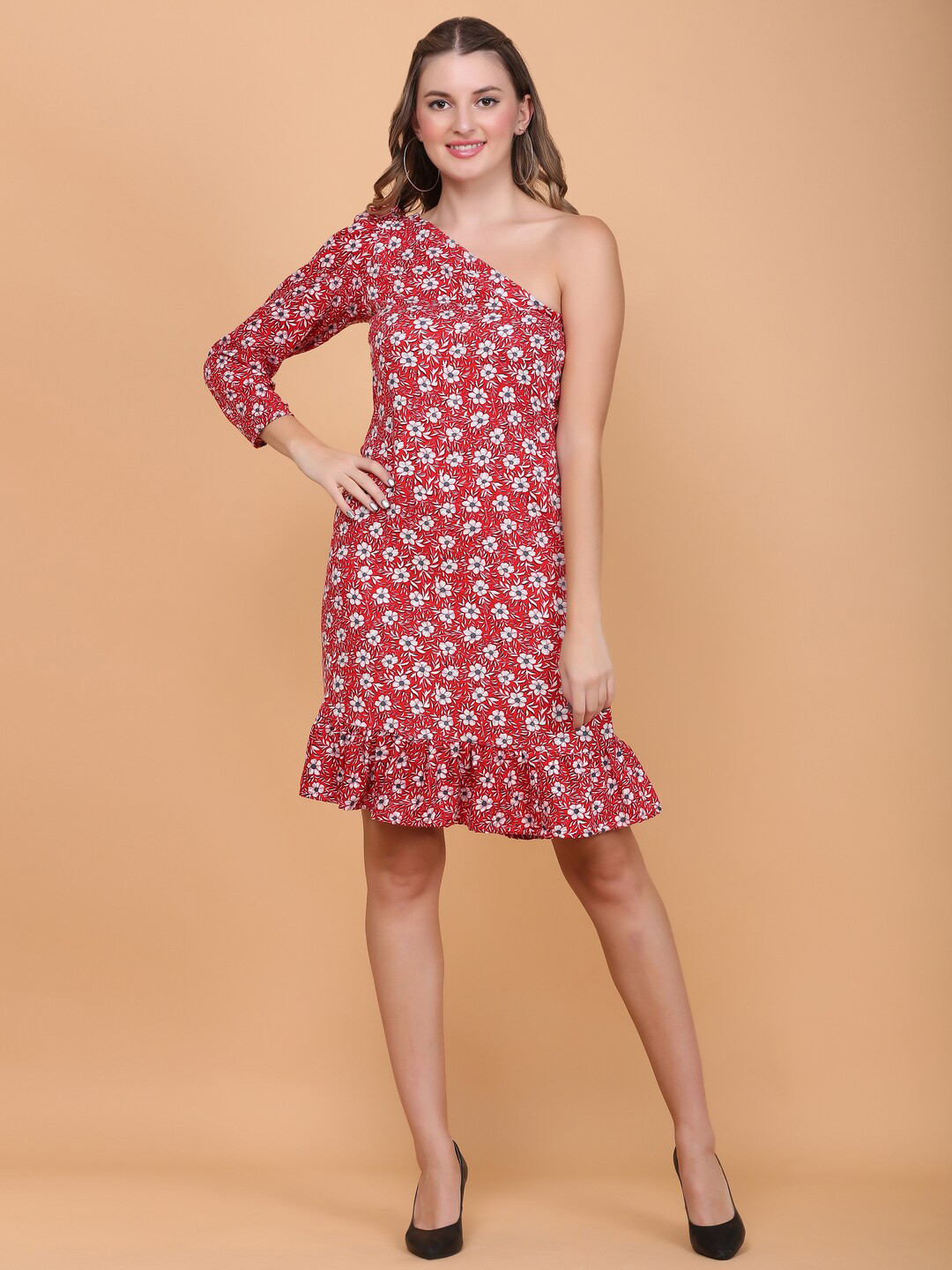 

DESI WOMANIYA Floral Printed One Shoulder A-Line Dress, Red