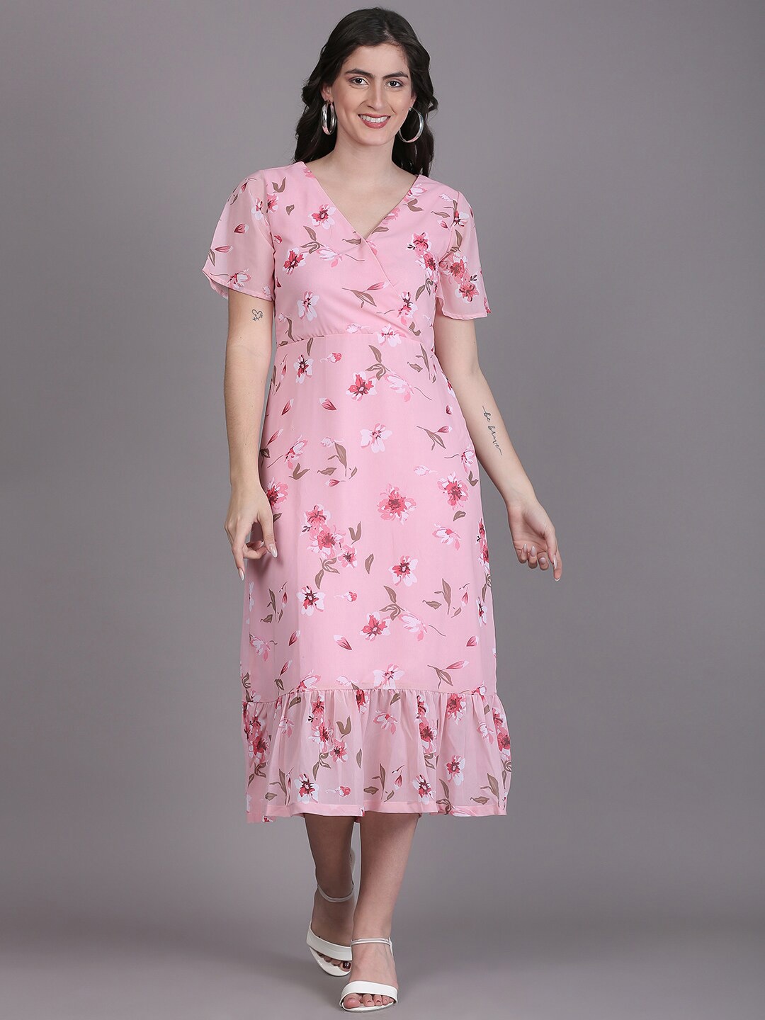 

DESI WOMANIYA Floral Print Flared Sleeve Georgette Midi Dress, Pink