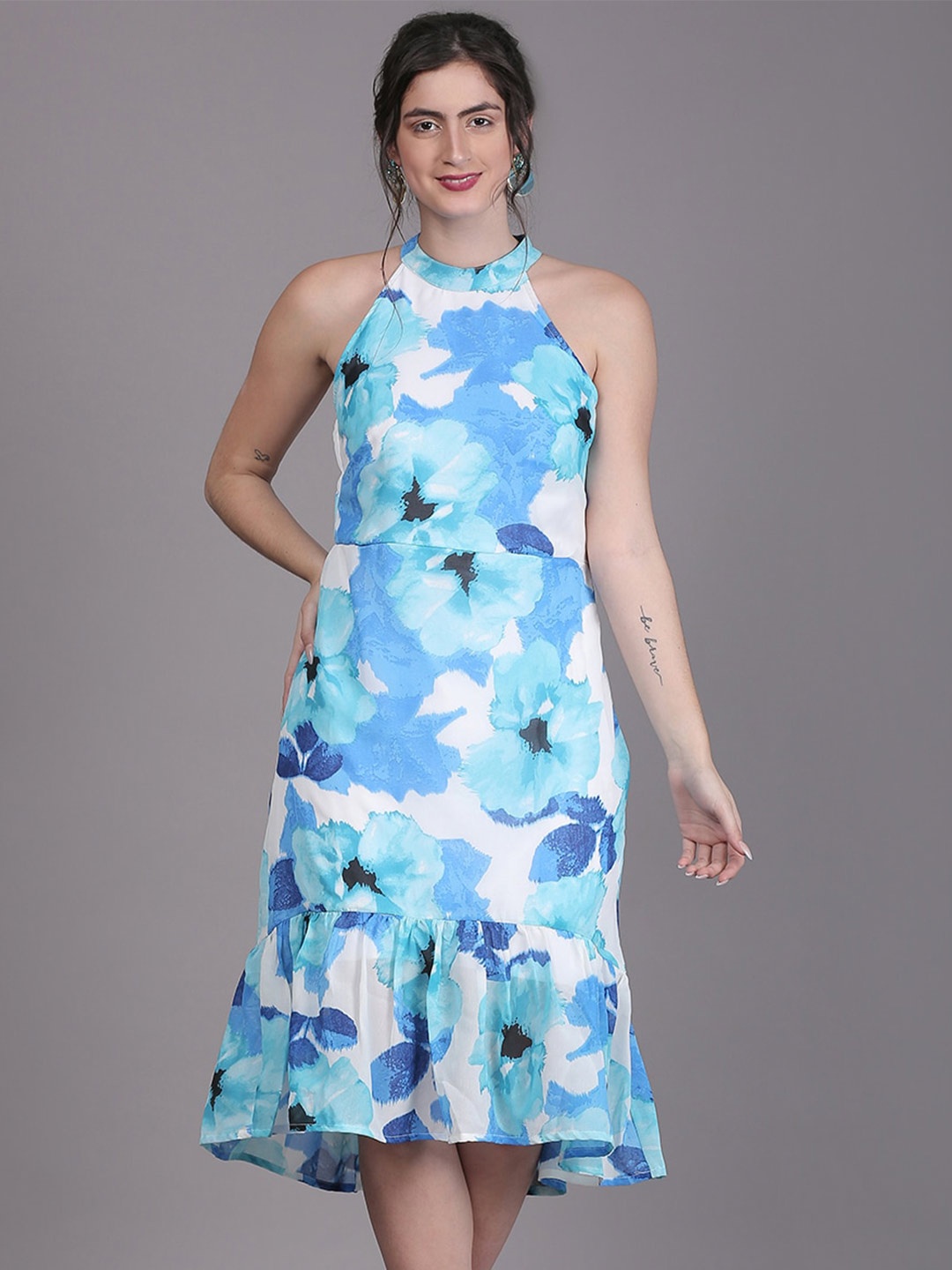 

DESI WOMANIYA Floral Printed Georgette A-Line Midi Dress, Blue