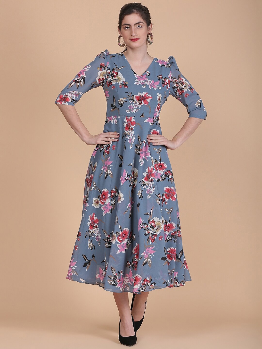 

DESI WOMANIYA Floral Printed Puff Sleeves Fit & Flare Midi Dress, Grey