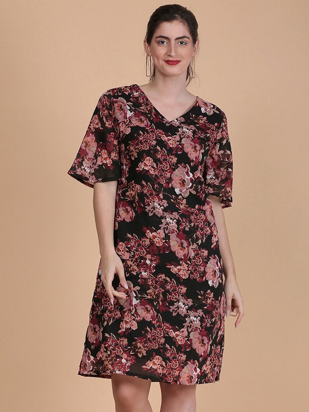 

DESI WOMANIYA Floral Print Flared Sleeve Georgette A-Line Dress, Black