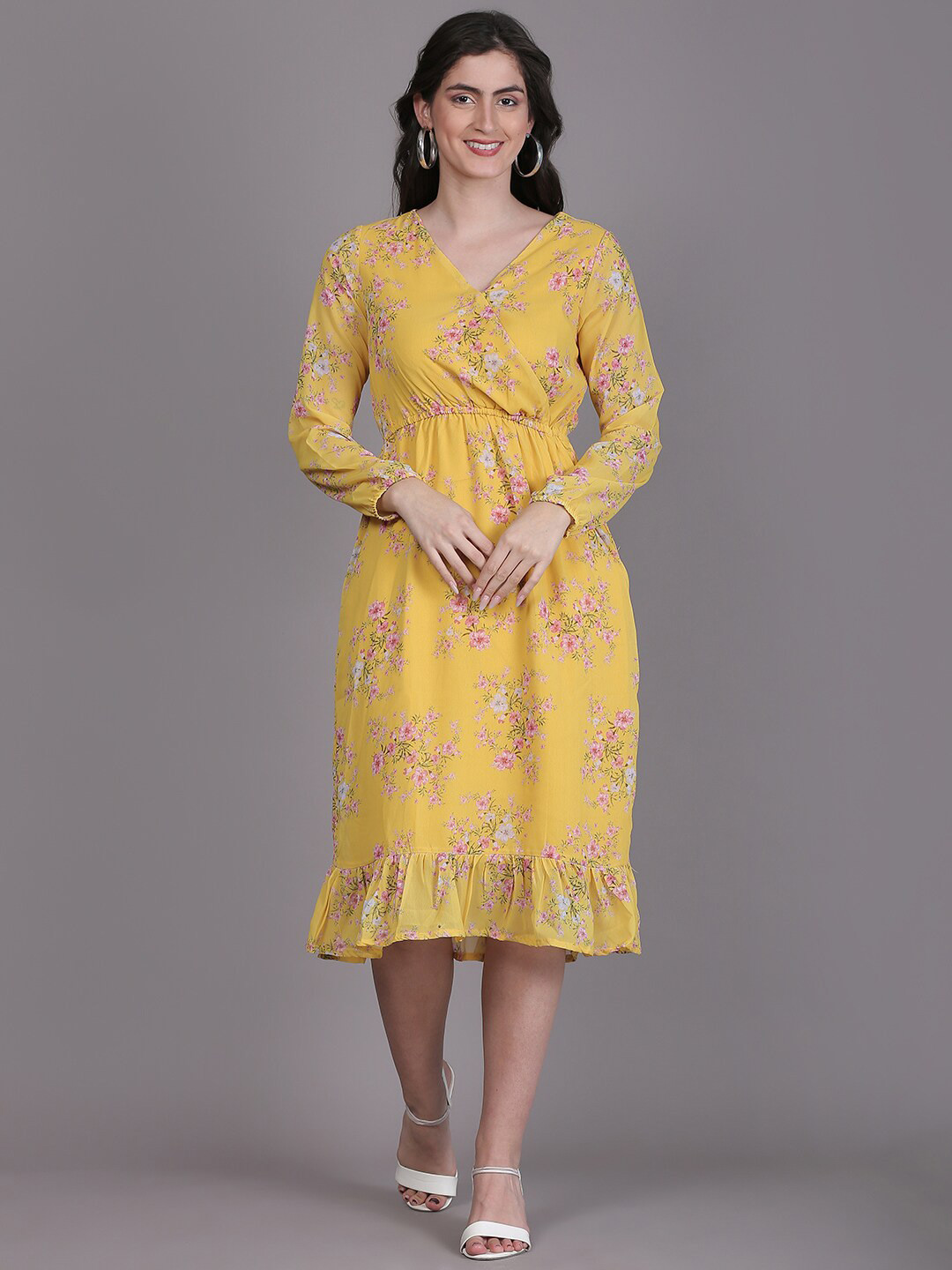

DESI WOMANIYA Floral Print Puff Sleeve Georgette Midi Dress, Yellow