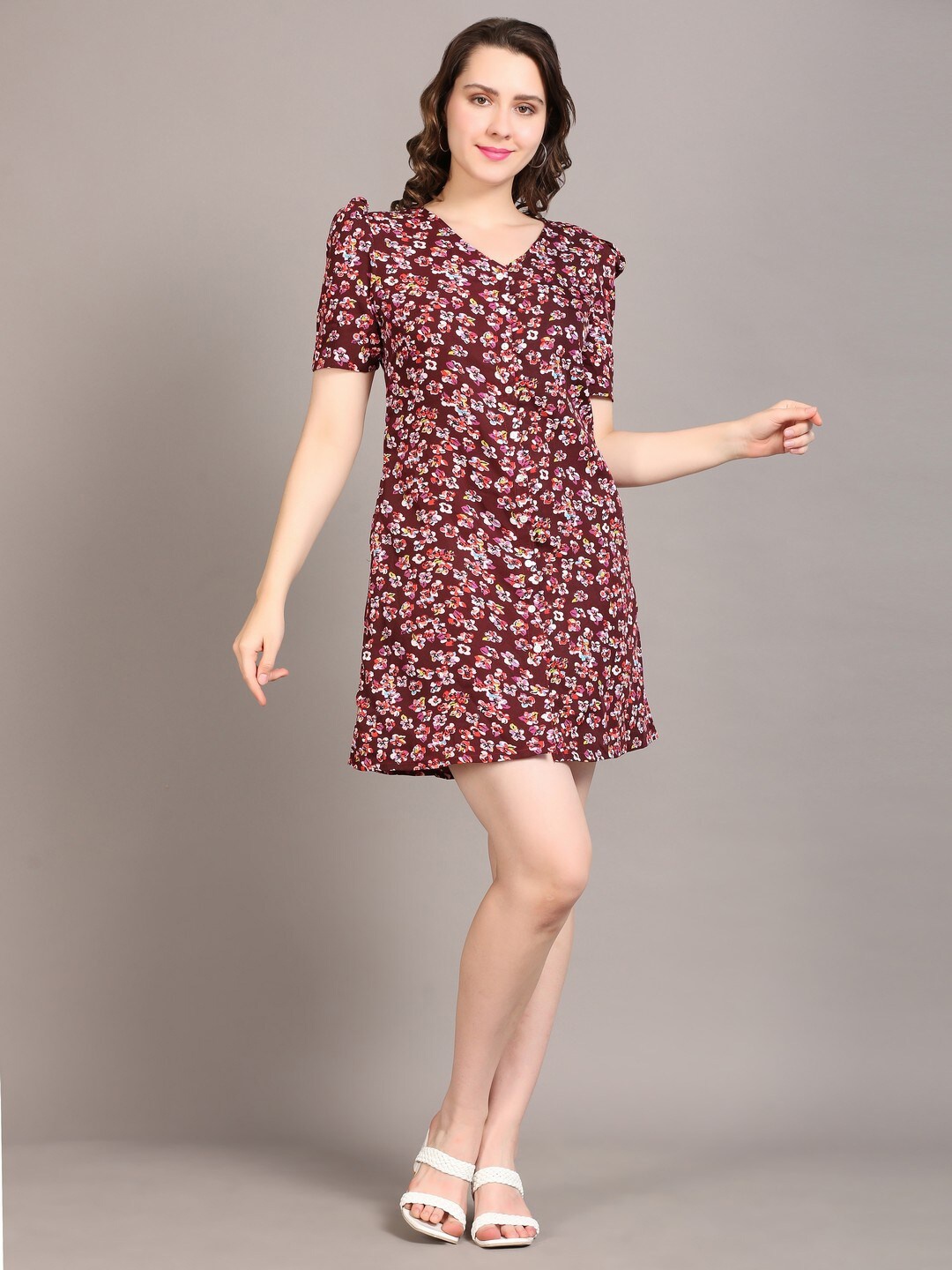

DESI WOMANIYA Floral Print Crepe A-Line Dress, Maroon