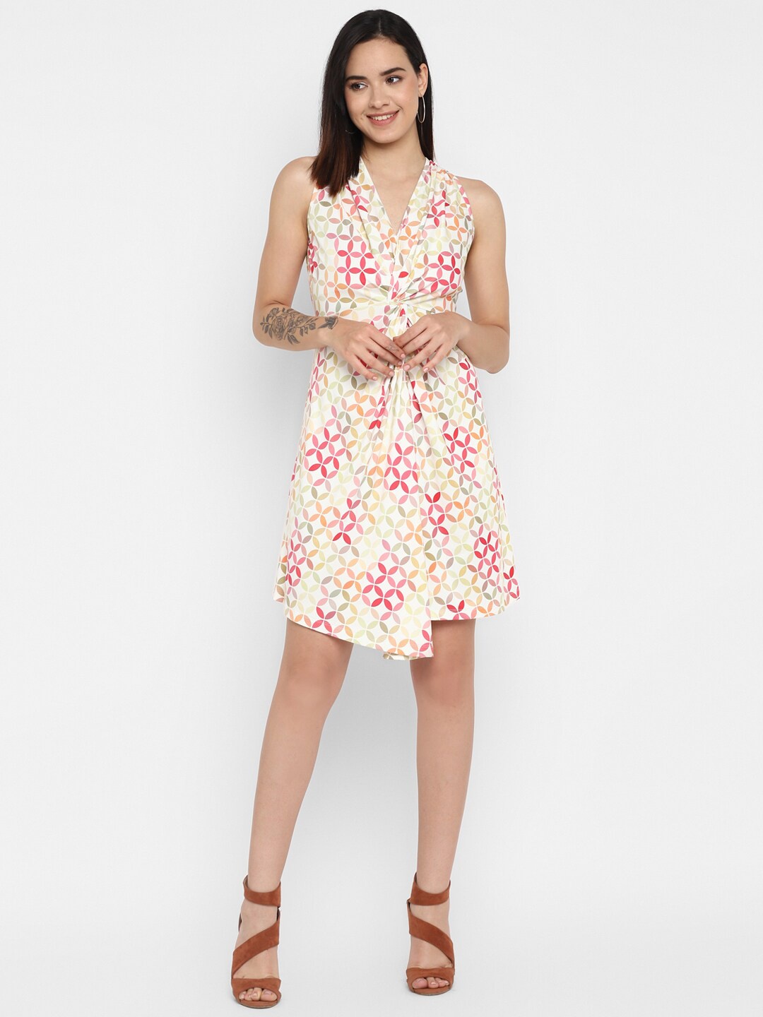 

Taurus V-Neck Geometric Printed A-Line Dress, Off white