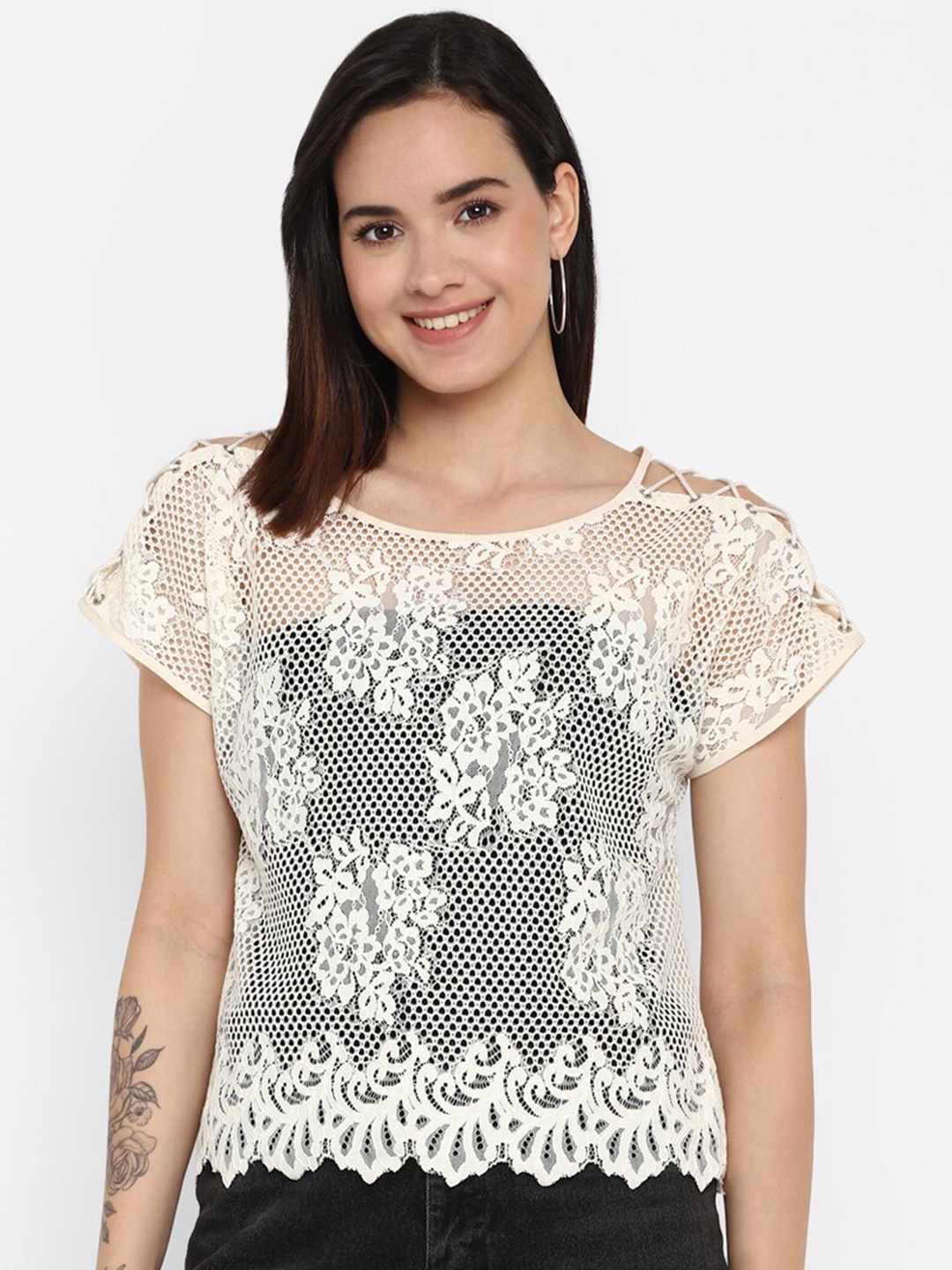 

Taurus Self Design Crochet Top, Off white