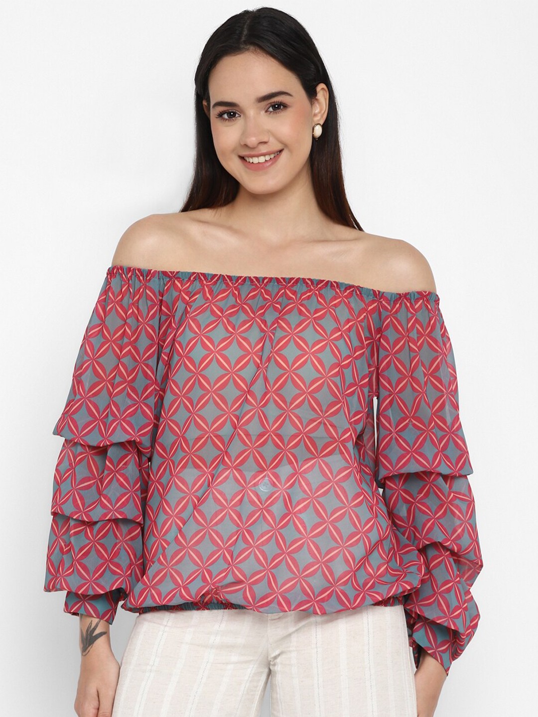 

Taurus Floral Print Off Shoulder Bell Sleeve Georgette Top, Pink