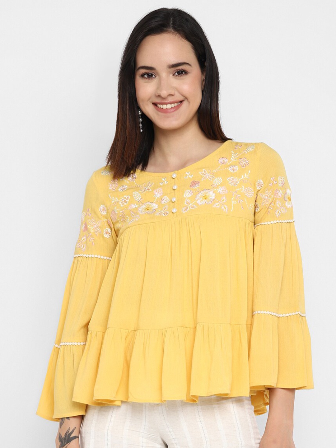 

Taurus Floral Embroidered Bell Sleeve Top, Yellow