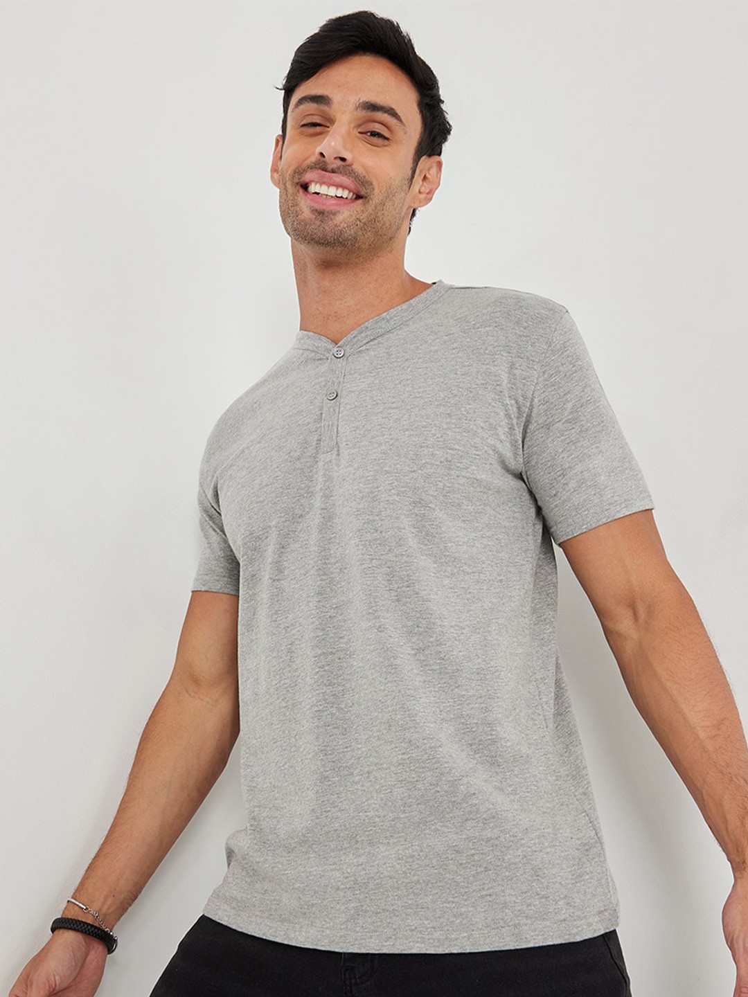 

Styli Henley Neck Cotton T-shirt, Grey