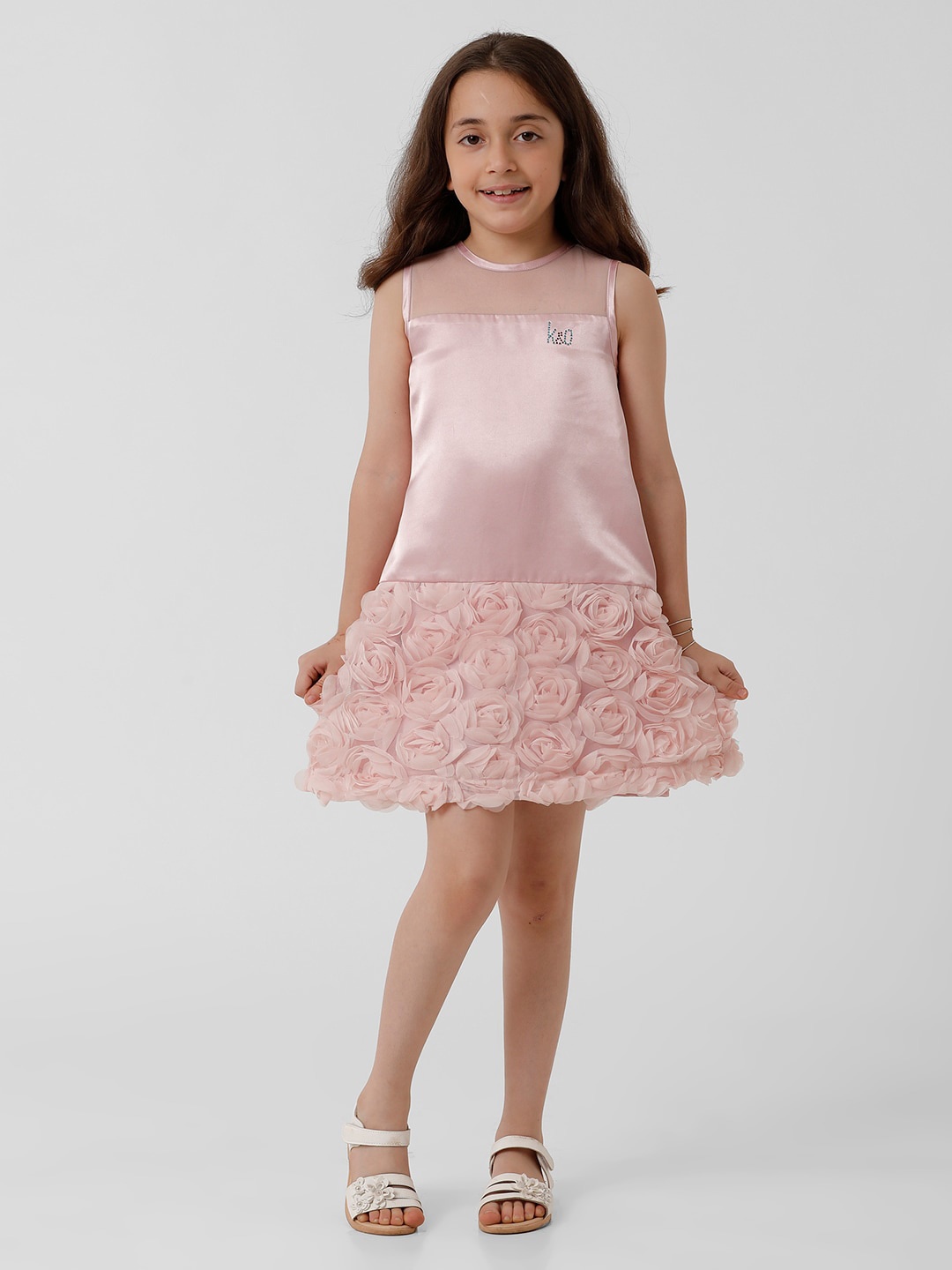

KATE & OSCAR Girls Round Neck Floral Satin Drop-Waist Dress, Pink