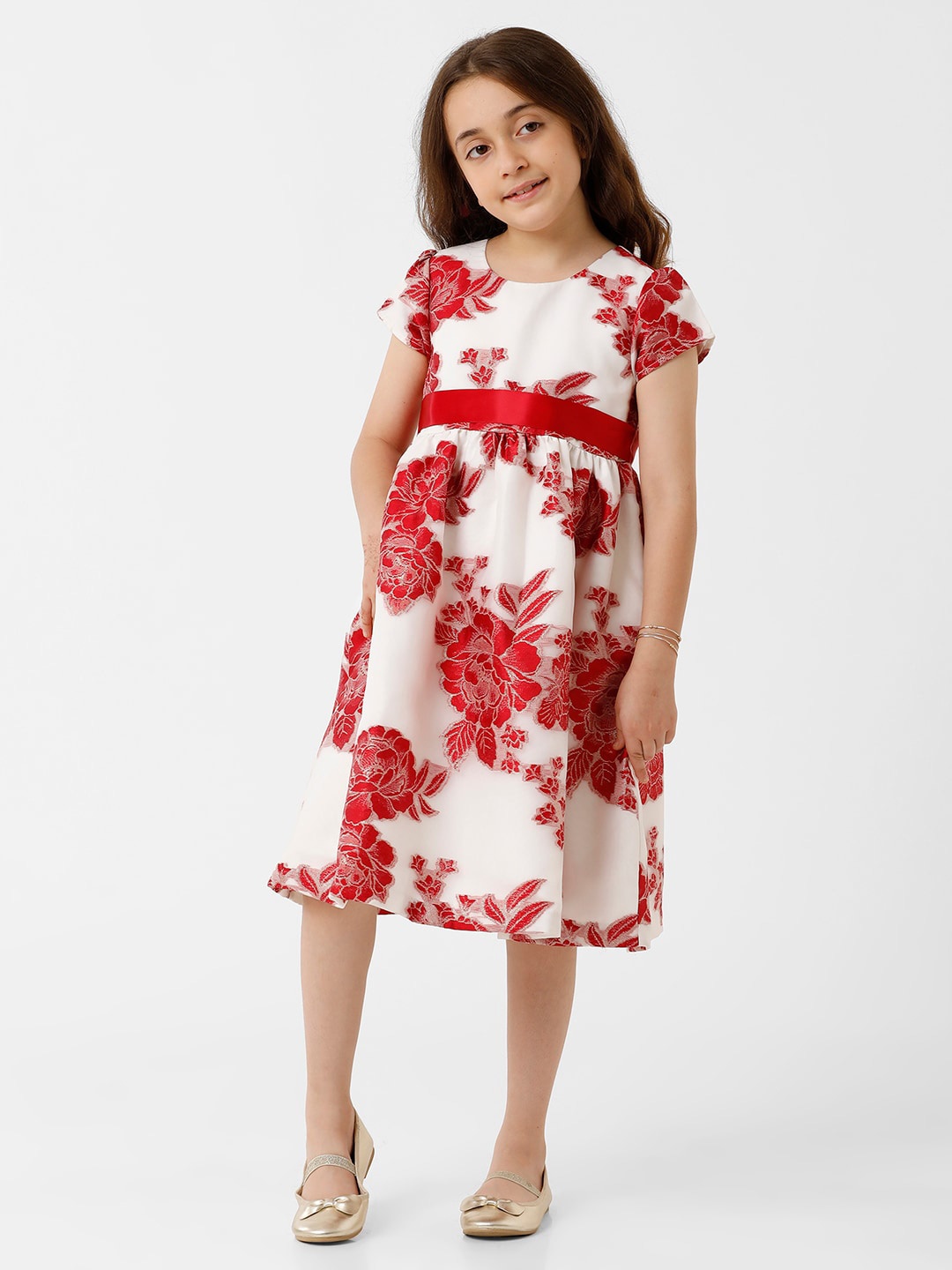 

KATE & OSCAR Girls Round Neck Floral Printed Jacquard Fit & Flare Midi Dress, Red