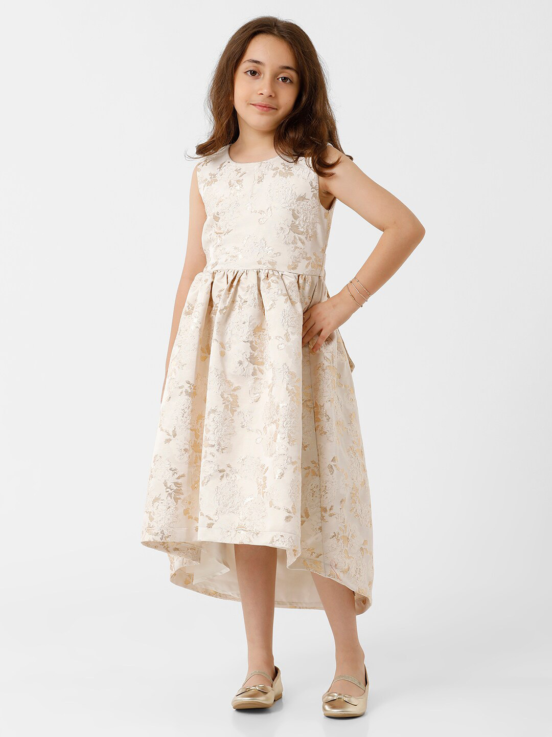 

KATE & OSCAR Girls Round Neck Self Design Jacquard Fit & Flare Midi Dress, Off white