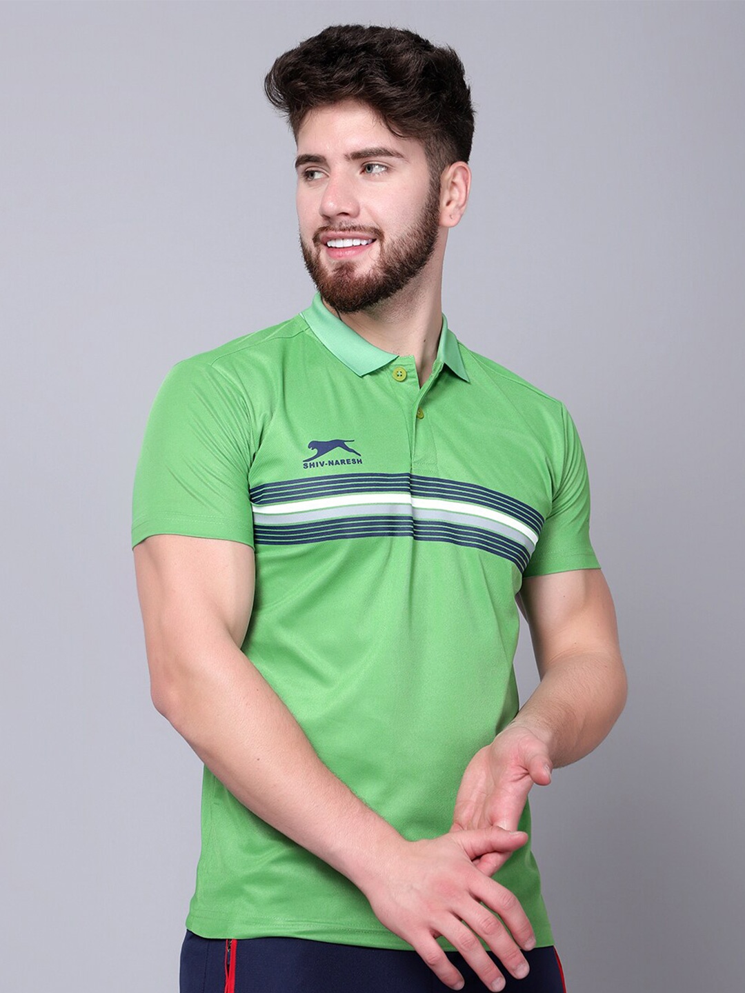 

Shiv Naresh Striped Polo Collar 3D Fit T-shirt, Green