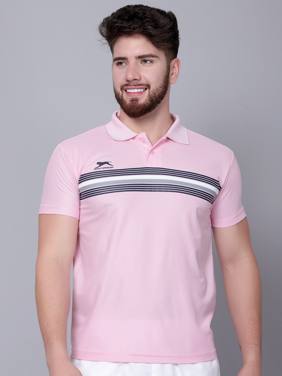 

Shiv Naresh Striped Polo Collar 3D Fit T-shirt, Pink