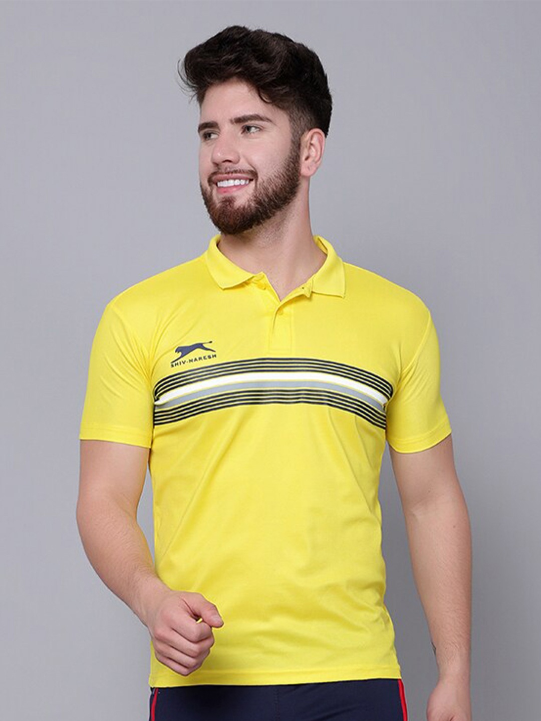 

Shiv Naresh Striped Polo Collar 3D Fit Sports T-shirt, Yellow