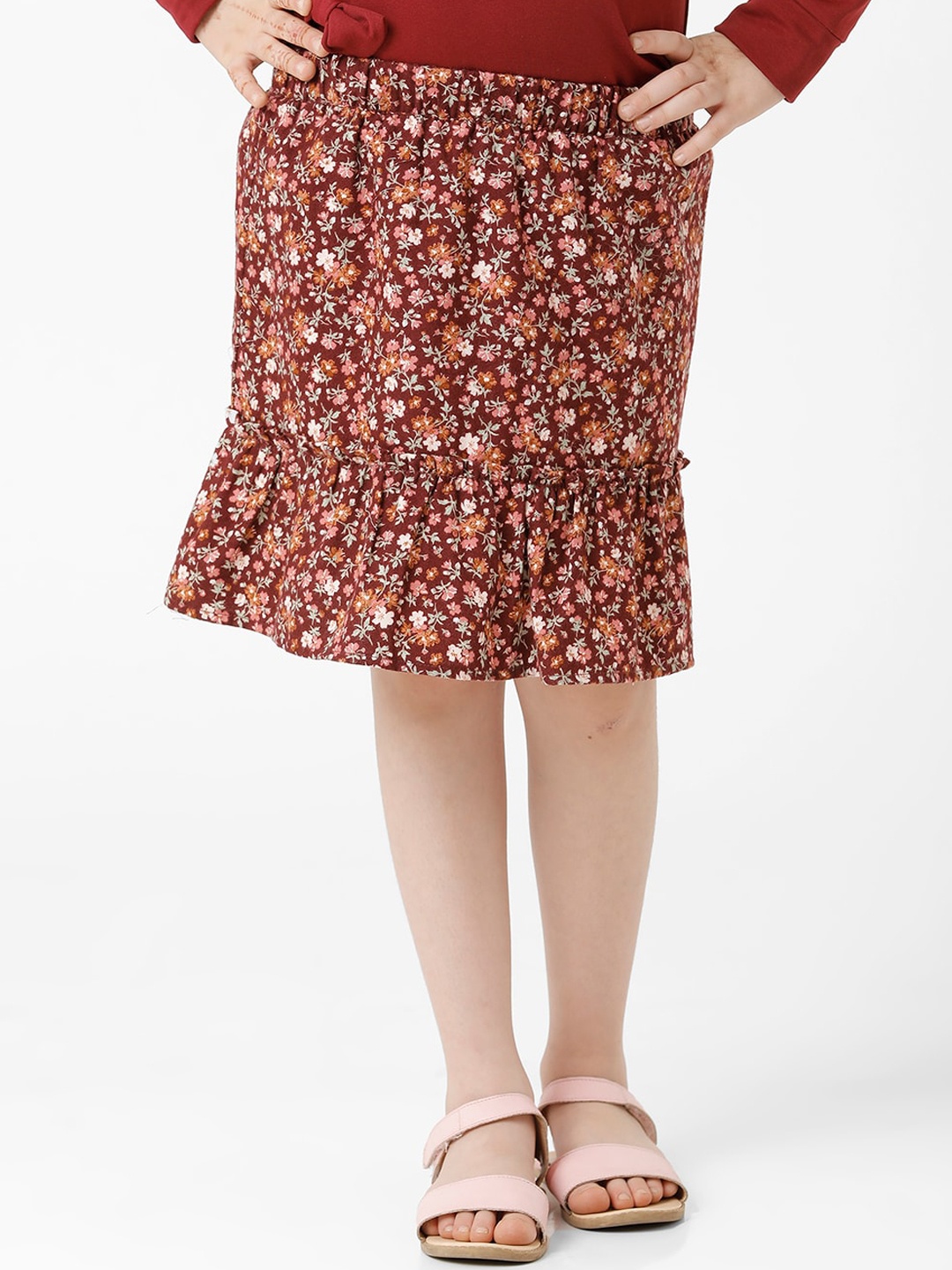 

KATE & OSCAR Girls Floral Printed Knee Length A-Line Skirt, Red