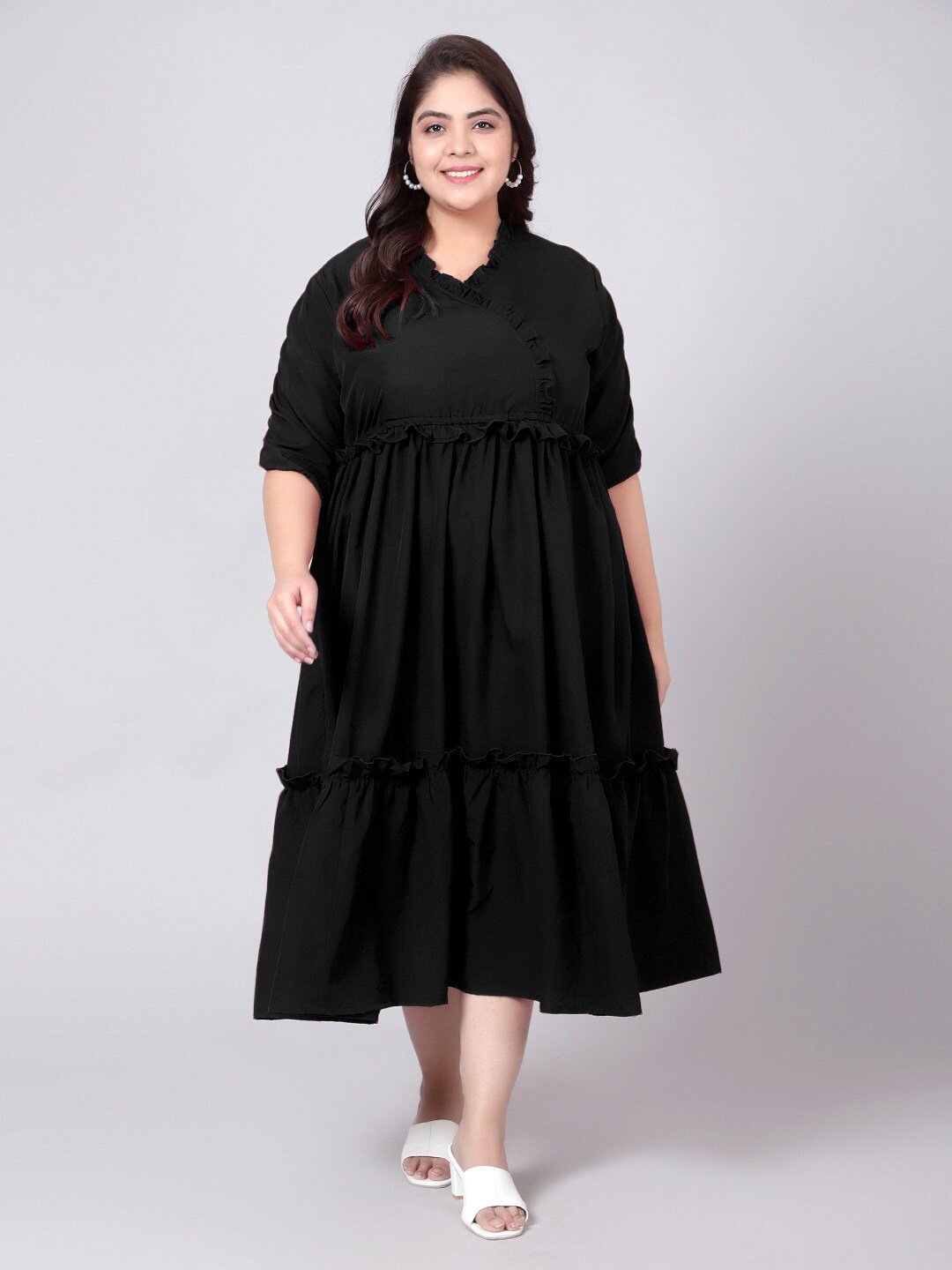

Indietoga Women Plus Size Ruffle Tiered A-Line Dress, Black
