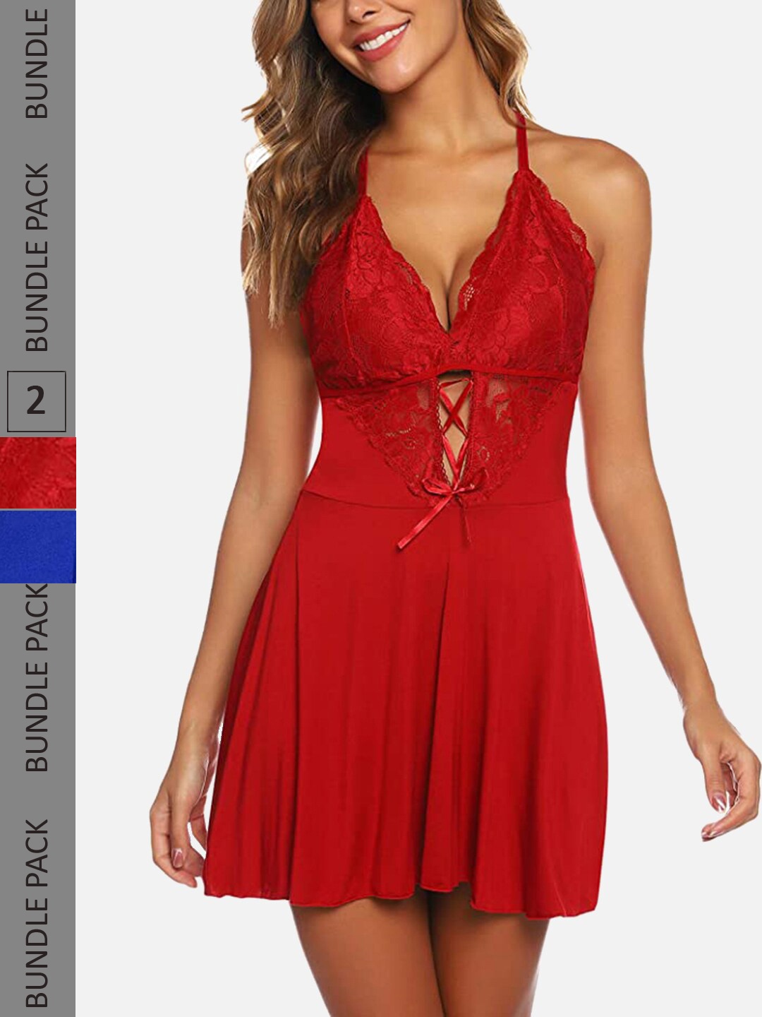 

FIMS Pack Of 2 Self Design Halter Neck Modal Baby Doll, Red