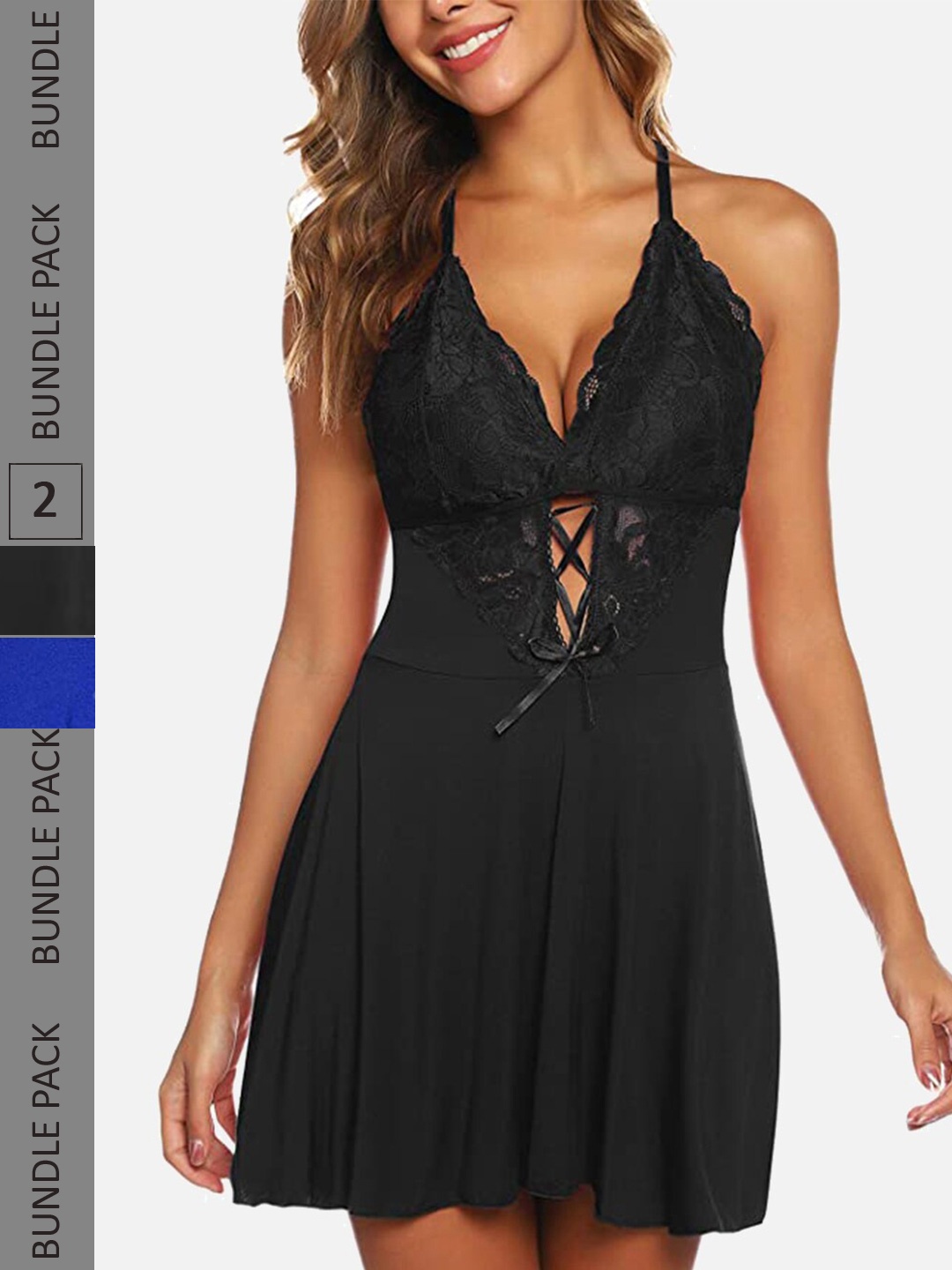 

FIMS Pack Of 2 Modal & Lace Baby Doll, Black