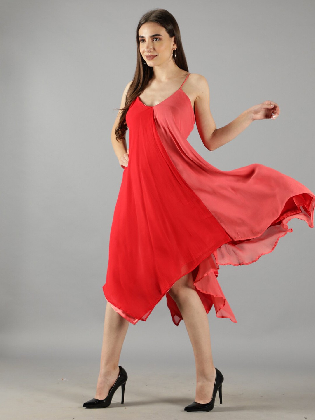 

Svelte Couture Shoulder Straps Georgette Midi Fit And Flare Dress, Red