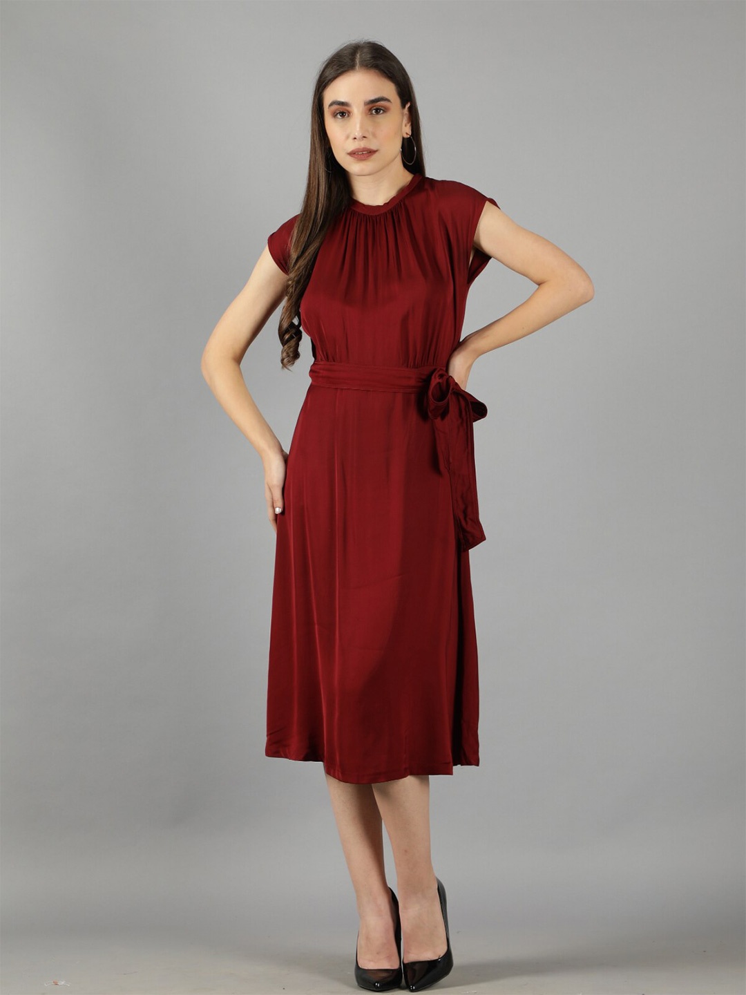 

Svelte Couture Round Neck Satin A-Line Midi Dress With Belt, Maroon