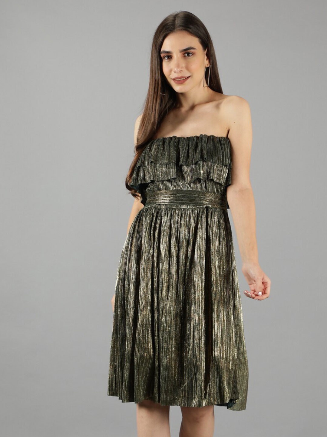 

Svelte Couture Off-Shoulder Ruffled Fit & Flare Dress, Gold
