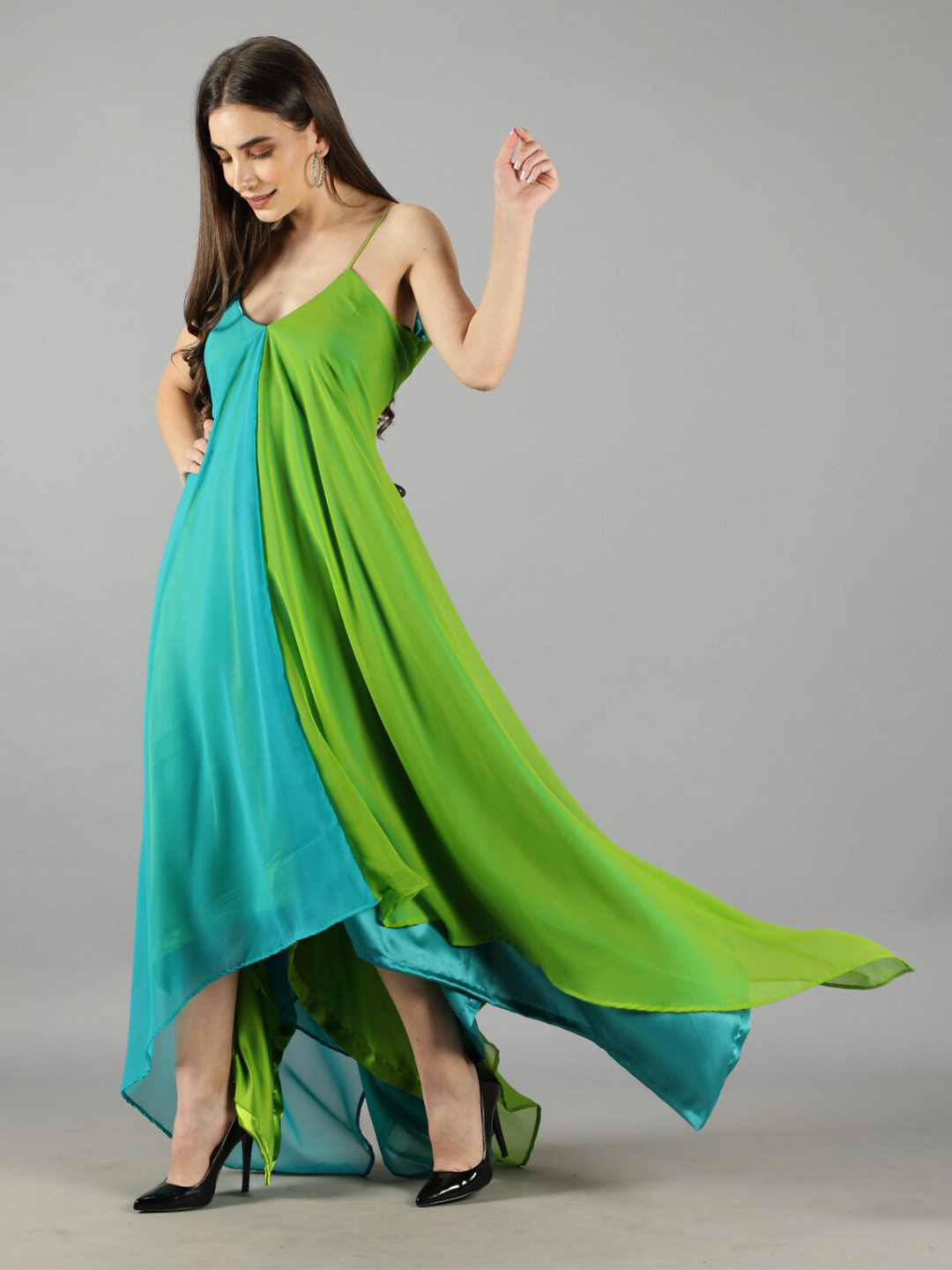 

Svelte Couture Shoulder Straps Asymmetric Georgette Maxi Dress, Blue