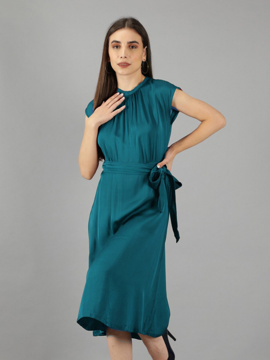 

Svelte Couture Round Neck Satin A-Line Midi Dress With Belt, Teal