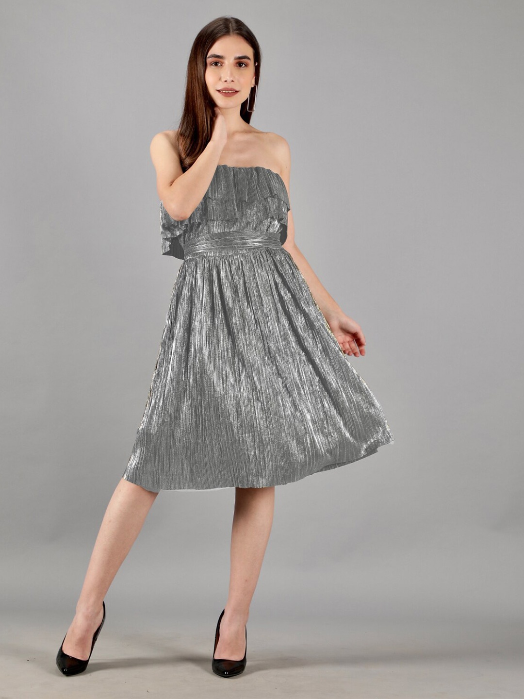 

Svelte Couture Off-Shoulder Ruffled Fit & Flare Dress, Silver