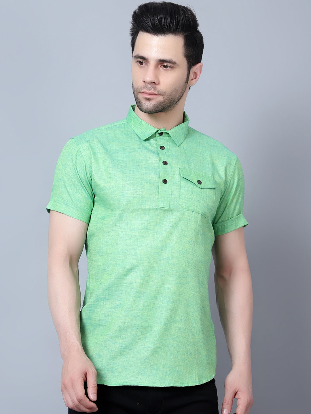 

HERE&NOW Men Olive Green Striped Thread Work Pathani Kurta