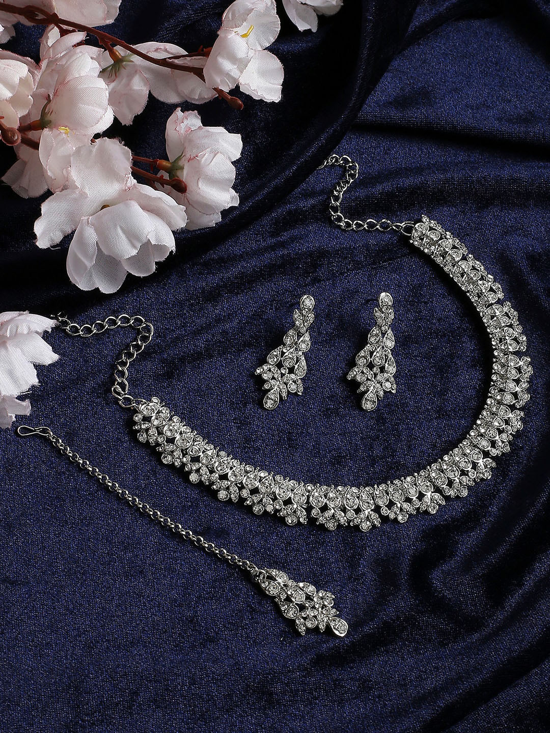 

Atasi International Silver-Plated CZ-Studded Necklace and Earrings with Maang Tika
