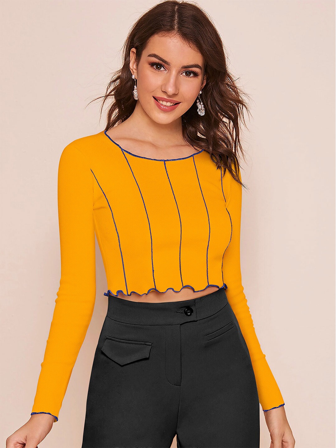 

FAVRIZ Vertical Striped Crop Top, Yellow