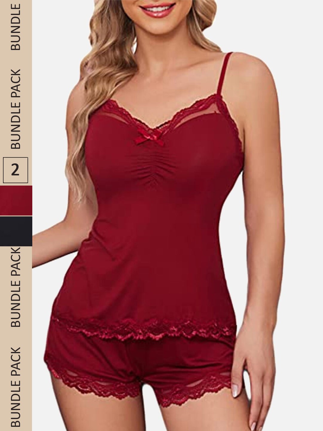 

FIMS Pack Of 2 Shoulder Strap Lace Up Detail Baby Doll, Maroon