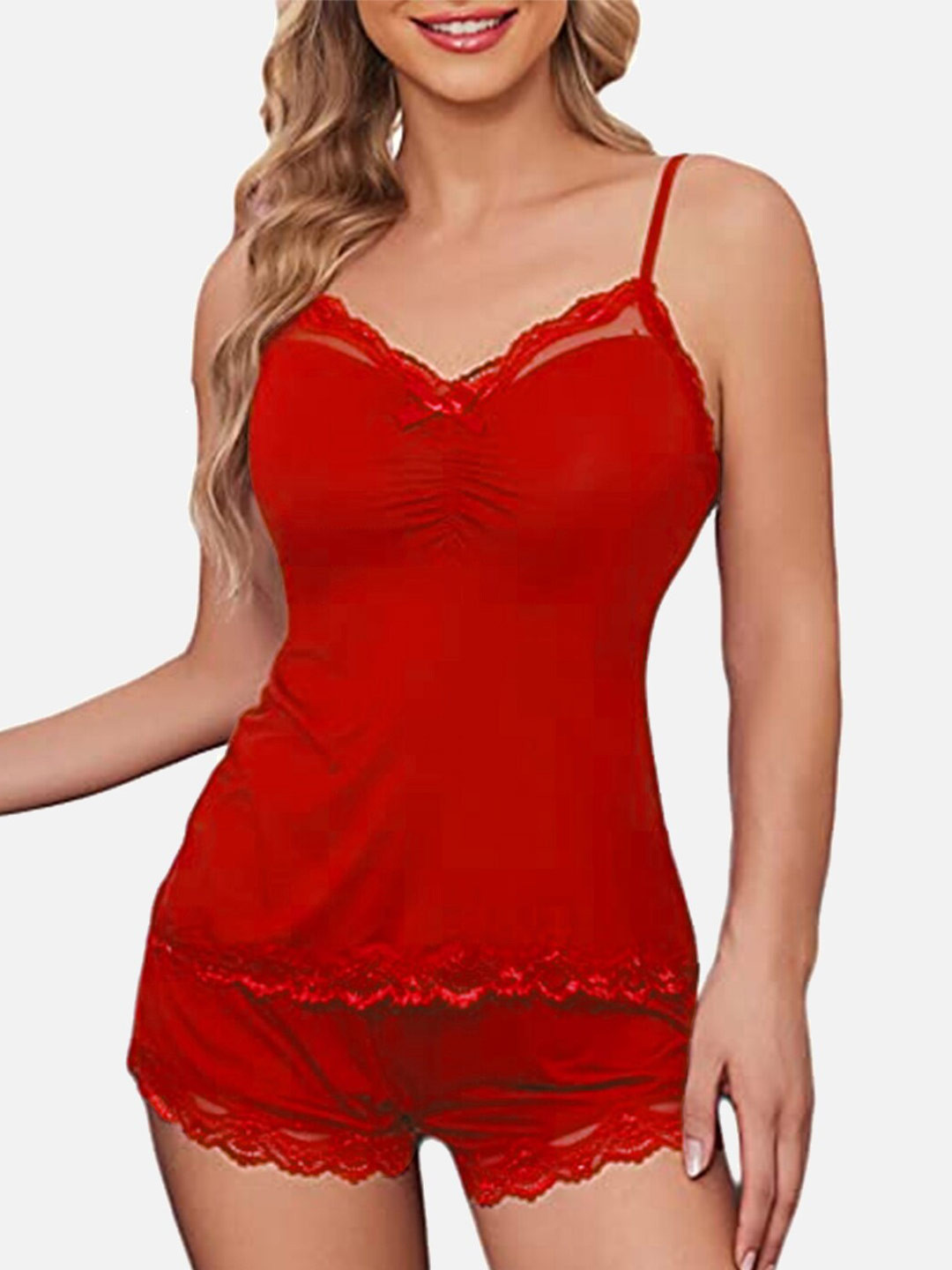 

FIMS V Neck Lace Up Detail Night Suit, Red